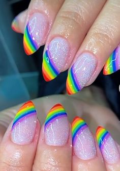 Short Rainbow Nail Designs, Bright Rainbow Nails, Rainbow Accent Nails, Trans Nails Designs, Almond Rainbow Nails, Rainbow Nail Design, Pride Nails Designs Short Nails, Pride Month Nails Acrylic, Simple Rainbow Nails