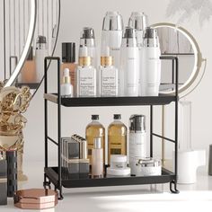 an assortment of skin care products displayed on a black metal shelving unit in front of a mirror