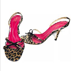 Kate Spade Lyla Leopard Print Satin Heels Slingback Mules 8 1/2 M Bow 4” Kate Spade Lyla Leopard Print Satin Heels Slingback Mules Women’s Size 8 1/2 M Patent Shiny Black Bow On Front 4” Heel Really Beautiful Pair Of Slingback Heels! These Are From Bloomingdale’s, The Floor Model. Worn In Store Only On The Carpet And Tile Which Is Why You Can See A Little Bit Of Wear On The Bottom As Shown In The Photographs. These Include The Dust Bag, Kate Spade Tissue Paper And Original Box. Box Is In O Chic Kate Spade Slingback Pumps With Heel Strap, Kate Spade Chic Slingback Pumps With Heel Strap, Elegant Kate Spade High Heel Slingback Pumps, Chic Kate Spade Ankle Strap Slingback Pumps, Kate Spade Spring Slingback Heels, Chic Kate Spade Slingback Pumps With Pointed Toe, Kate Spade Chic Slingback Pumps With Pointed Toe, Kate Spade Elegant Pointed Toe Slingback Pumps, Elegant Kate Spade Slingback Pumps For Evening