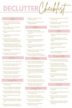 a pink and gold checklist with the words, declutter checklist on it