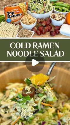 a bowl filled with noodles and vegetables on top of a wooden table next to other foods