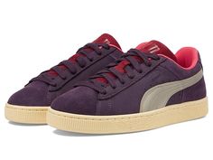 PUMA Suede Play.Paris. - Men's Lace up casual Shoes : Midnight Plum/Chamomile : Take style and functionality to a whole new level wearing PUMA Suede Play.Paris. Sneakers, crafted in a sleek silhouette with round toe shape. The low-top sneakers come with a suede leather upper that is responsibly manufactured via the Leather Working Group, mesh lining, and mesh sockliner with screen printed PUMA branding. These are designed with a leather formstrip, lace-up closure, debossed printed PUMA and suede branding on quarter panel, suede leather tongue with debossed glossy screen printed PUMA branding, and metallic AUX cord lacetip PUMA branding detail on midsole. Rubber outsole. Imported. Measurements: Weight: 14 oz Product measurements were taken using size 9, width D - Medium. Please note that me Midnight Plum, Aux Cord, Shoes Puma, Men Suede, Puma Suede, Sneakers Athletic, Puma Mens, Leather Working, Suede Leather