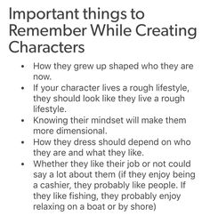 an advertisement with the words, important things to remember while creating characters how they grow up shaped who they are now