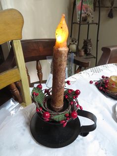 a lit candle sitting on top of a table