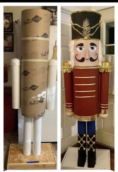 two photos of nutcrackers made out of cardboard