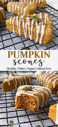 pumpkin scones with white icing on a cooling rack