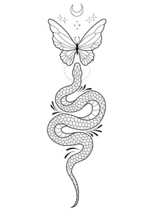 a black and white drawing of a snake with a butterfly on its back