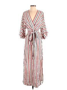 BCBGMAXAZRIA Casual Dress Size: 2X-Small Red Dresses - used. 49% COTTON, 39% RAYON, 12% LINEN, Wrap, Plunge, Stripes, Long, 3/4 Sleeve | BCBGMAXAZRIA Casual Dress - Wrap: Red Stripes Dresses - Used - Size 2X-Small Striped Spring Dresses With Tie Waist, Spring Striped Dress With Tie Waist, Striped Dresses With Tie Waist For Spring, Chic Long Striped Dress, Striped Dress With Tie Waist For Spring, V-neck Rayon Dress With Tie Waist, Spring Striped Long Sleeve Maxi Dress, Spring Rayon Maxi Dress With Tie Waist, Red Long Sleeve Maxi Dress For Brunch