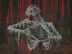 an image of a skeleton in the woods with blood dripping from its mouth and head