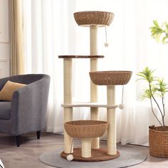 a cat tree in the middle of a living room