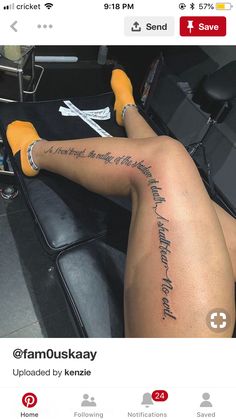 the back of a woman's leg with tattoos on it, and an inscription that reads