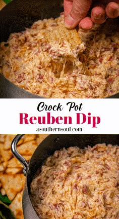 a person scooping some food out of a pot with the words crock pot reuben dip above it