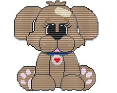 a cross stitch dog with a heart on it's collar, sitting in front of a