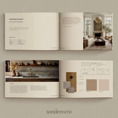 an open book showing the interior design and color scheme