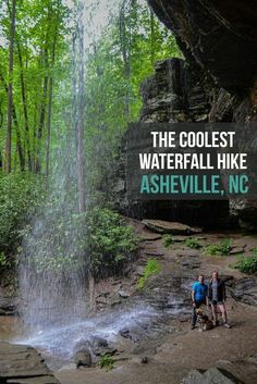 two people standing in front of a waterfall with the words, the coolest waterfall hike ashville, nc