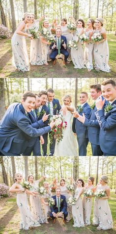 the wedding party is posing for pictures in the woods