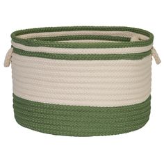 the green and white striped basket is on display in front of a white background,