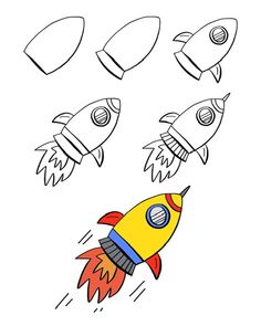 a drawing of a rocket ship flying through the air with six smaller rockets above it