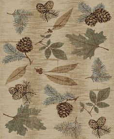 a rug with pine cones and leaves on it