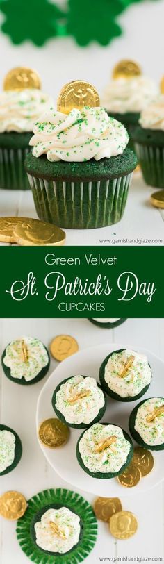 green velvet cupcakes with white frosting and gold coins on the side for st patrick's day