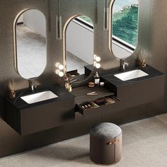 a bathroom with two sinks and mirrors on the wall next to a stool in front of an open window