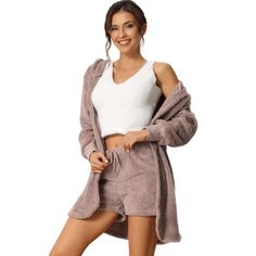 cheibear Women's Fuzzy Fleece Soft Coat Jacket and Crop Top with Shorts 3-Piece Pajamas Lounge Set Rosy Brown Large Crop Top With Shorts, Womens Sleepwear, Top With Shorts, Womens Sherpa, Rosy Brown, Soft Pajamas, Fleece Pajamas, Elastic Waist Shorts, Loungewear Set