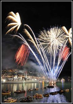 fireworks are lit up in the night sky above boats on water and buildings behind them