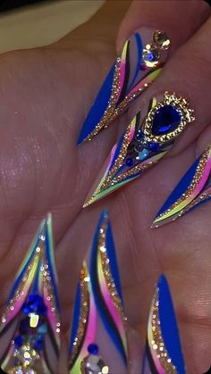 Diamond Pattern Nails, Fancy Bling Nails, Unique Nail Shapes, Black Opal Nails, Nail Art Designs With Stones, Ginger Nails, Blue Pink Nails, Vamp Nails, Nail Nail Designs