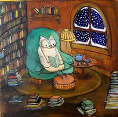 a painting of an owl sitting on a chair in front of a bookshelf