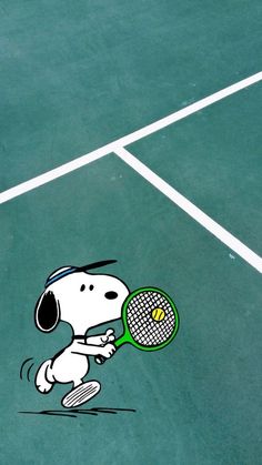 a cartoon dog holding a tennis racket on a tennis court with the words, snoopy