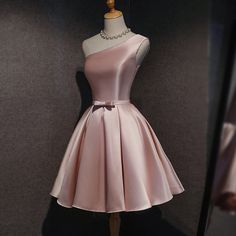 Cute Pink Satin Short Simple Knee Length Pink Short Prom Dresses Pink Homecoming Dress Short, Homecoming Dresses Knee Length, Pink Bridesmaid Dresses Short, One Shoulder Homecoming Dress, Knee Length Prom Dress, Elegant Cocktail Dress, Sisters Dress, Pink Homecoming Dress, Crop Top Dress