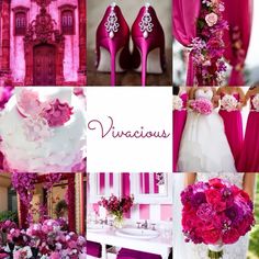 a collage of pink and white wedding decor with high heeled shoes, flowers, and bride's bouquet