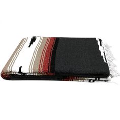 two blankets sitting on top of each other in front of a white background with black and red stripes