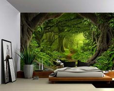 an image of a bedroom scene with green trees and stream in the forest wall mural