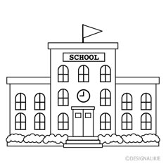 a school building with a flag on top and the word school in front of it