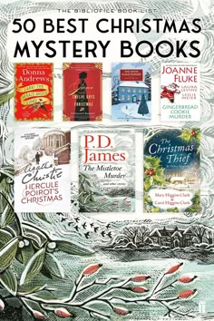 the cover of 50 best christmas mystery books, with an image of trees and snowflakes