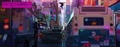 a city street filled with lots of traffic and tall buildings covered in neon colored graffiti