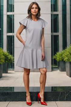 This above the knee length a Light Gray dress is made of polyester, viscose and elastane blend, this is a short, like wings sleeves dress, it has two beautiful pockets. This casual dress is essentia clothing in summer. Beautifully romantic and feminine, this dress could be worn to just about any kind of occasion on a summer's day. When You dress this dress you feel beautiful and exclusive.  The dress is fastened with a zipper in the back. Front and back of dress are with lined (100% viscose). Fabric of the dress: 68% polyester, 30% viscose, 2% elastane. The model is 174 cm tall and M-sized, wearing a size M dress. Dimensions of this dress: SIZE S:  Bust: 36.6" / 93 cm  Waist: 37" / 94 cm Hips: 37.8" / 96 cm  Dress length 36.2 "/ 92 cm. SIZE M: Bust: 38.6" / 98 cm  Waist: 39.4" / 100 cm Hip Flattering Fit And Flare Knee-length Mini Dress, Flattering Knee-length Fit And Flare Mini Dress, Knee-length Elastane Mini Dress With Flattering Silhouette, Flattering Knee-length Elastane Dresses, Knee-length Stretch Mini Dress With Flattering Silhouette, Stretch Knee-length Mini Dress With Flattering Silhouette, Knee-length Fit And Flare Mini Dress For Daywear, Summer Mini Dress With Short Sleeves And Flattering Silhouette, Short Sleeve Elastane Mini Dress For Work