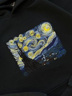 Night Sky Embroidery Pattern, Starry Sweater, Prints On Clothes, Stary Night Embroidery Pattern, Starry Night Embroidery, Embroidered Starry Night, Night Embroidery, Buy Hoodies, Black Lotus