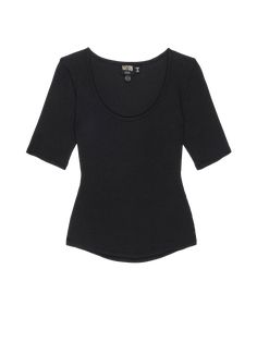 The better basic you need in your rotation. A deep scoop neck tee with slim short sleeves and a flattering fit, all in Organic Rib. (This one comes in Jet Black.) | Women's Lark Tee Top in Jet Black | Ethical Essentials Solid Color Fitted Short Sleeve Top With Scoop Neck, Seamless Scoop Back Top For Layering, Relaxed Fit Scoop Neck T-shirt, Casual Scoop Neck Seamless Short Sleeve Top, Basic Fitted Short Sleeve Top With Scoop Neck, Fitted Short Sleeve Scoop Neck Top, Seamless Fitted Scoop Neck T-shirt, Relaxed Fit Scoop Neck Top For Everyday, Basic Seamless Tops With Scoop Back