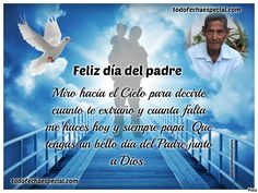 a man walking across a bridge with a dove flying over him and the words feliz dia del padre