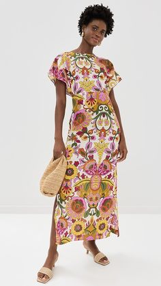 Shopbop - Designer Clothing, Shoes & Accessories Floral Print Stretch Maxi Dress With Short Sleeves, Stretch Floral Print Maxi Dress With Short Sleeves, Fitted Maxi Dress With Vibrant Print And Short Sleeves, Short Sleeve Cotton Dresses With Side Slits, Abstract Floral Print, Fabulous Dresses, Travel Wardrobe, Boat Neckline, Poplin Fabric