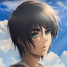 an anime character with black hair and blue eyes looking into the distance in front of clouds