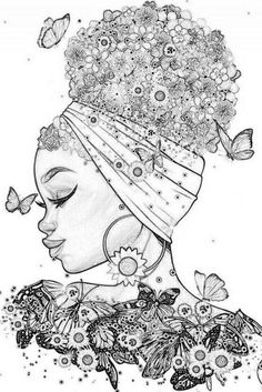 a drawing of a woman with butterflies on her head