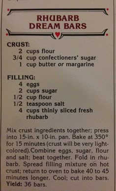 the recipe for rhubarb dream bars is shown in an image above it's description