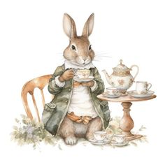 a watercolor painting of a rabbit eating tea and drinking from a cup on a table