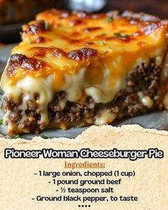 a piece of cheeseburger pie on a plate with instructions for the recipe below