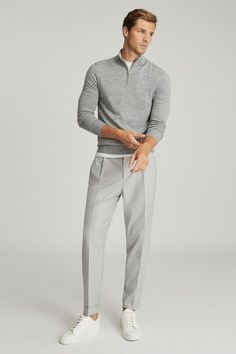 The Brighton trousers in grey are a new smart-casual style, featuring a front pleat and jogger-style waistband. The leg tapers at the ankle and they are finished with a turned-up hem. Wear with a T-shirt and trainers for an attitudinal aesthetic. Machine washable. 63% Polyester, 34% Viscose, 3% Elastane. Grey Trousers Outfit Men, Office Outfit Men, Men Work Outfits, Business Casual Men Work, Formal Smart Casual, Grey Pants Men