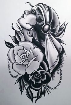 a drawing of a woman's face with roses and pearls on her head, in black and white