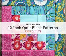 two quilt blocks with the words free and fun 12 inch block patterns in front of them